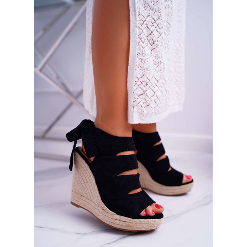 FRJ Damensandalen auf einem Leinenkeil gebunden Black Cantare schwarz 1