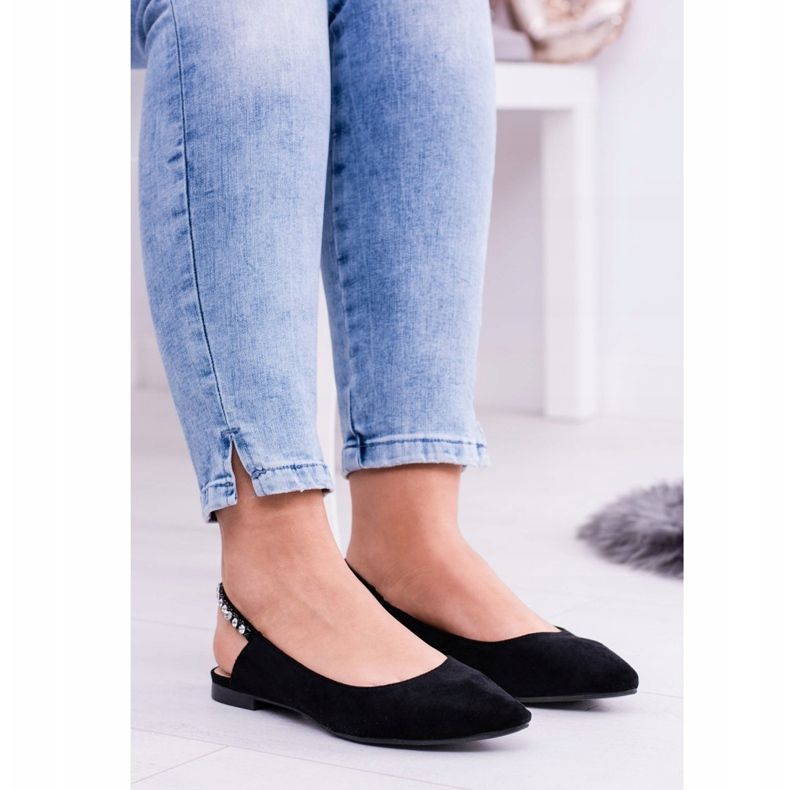 Lu Boo Schwarze Wildleder Ballerinas in Szpitz Strass Macron 1