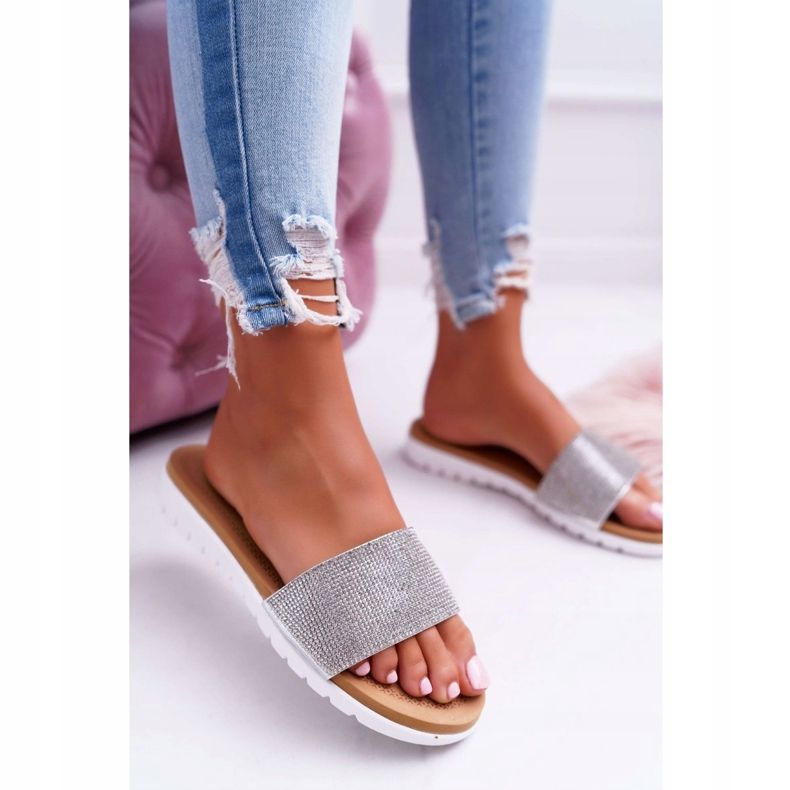 Lu Boo Damen Pantoffeln Silber mit Pailletten Goodies grau 2