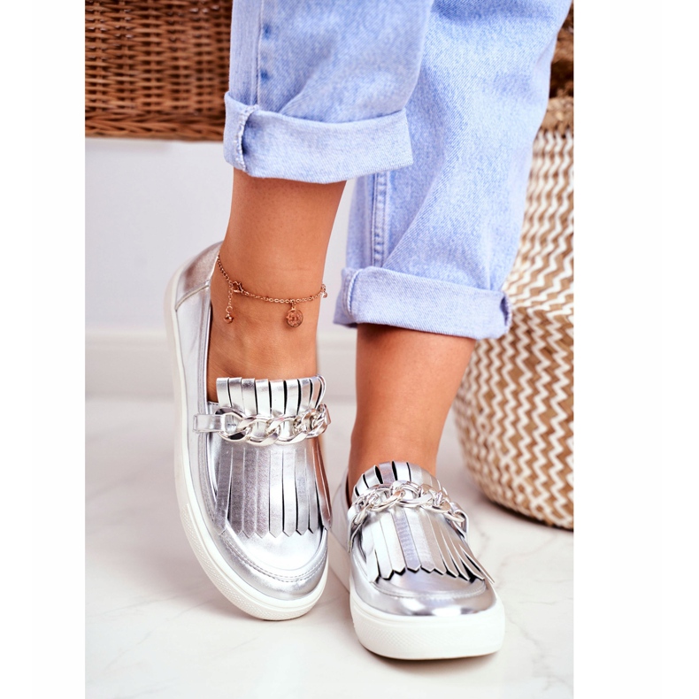 Damen Sneaker Slip On Lu Boo verspiegelte Loafer mit Nefrette-Fransen grau 2
