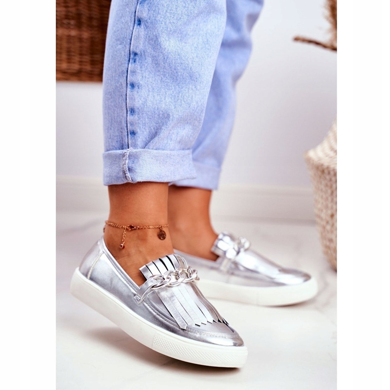 Damen Sneaker Slip On Lu Boo verspiegelte Loafer mit Nefrette-Fransen grau 1