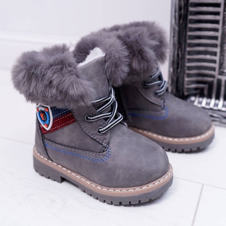 Kinder Jungen Stiefel mit Fell Warm Trappers Grau Cobi 2