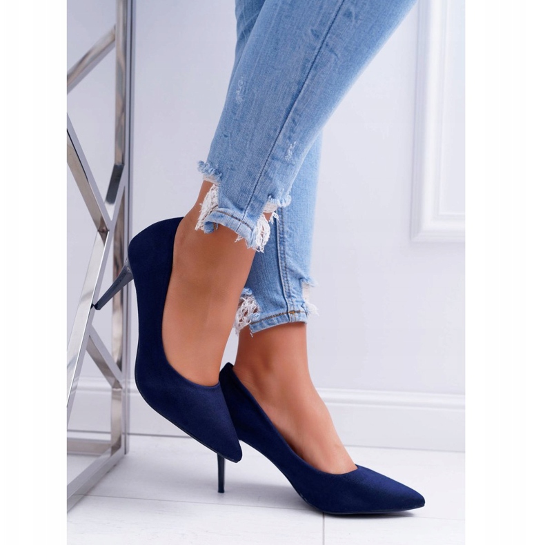 FB1 Damen Stilettos Wildleder In Spitz Marineblau Creme 2