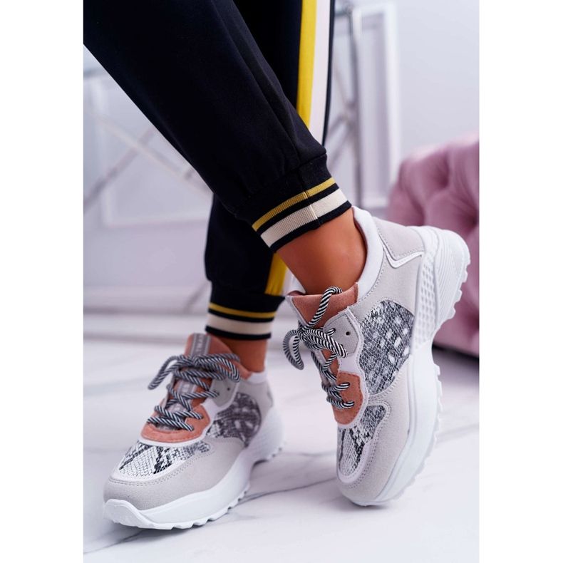 NFR Damen Sportschuhe Hohe Sohle Rosa Schlangenhaut Chillout grau 2