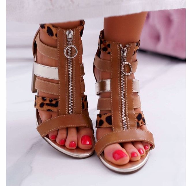 FE1 Damensandalen mit Absatz Eleganter Reißverschluss auf der Vorderseite Rahel braun 2