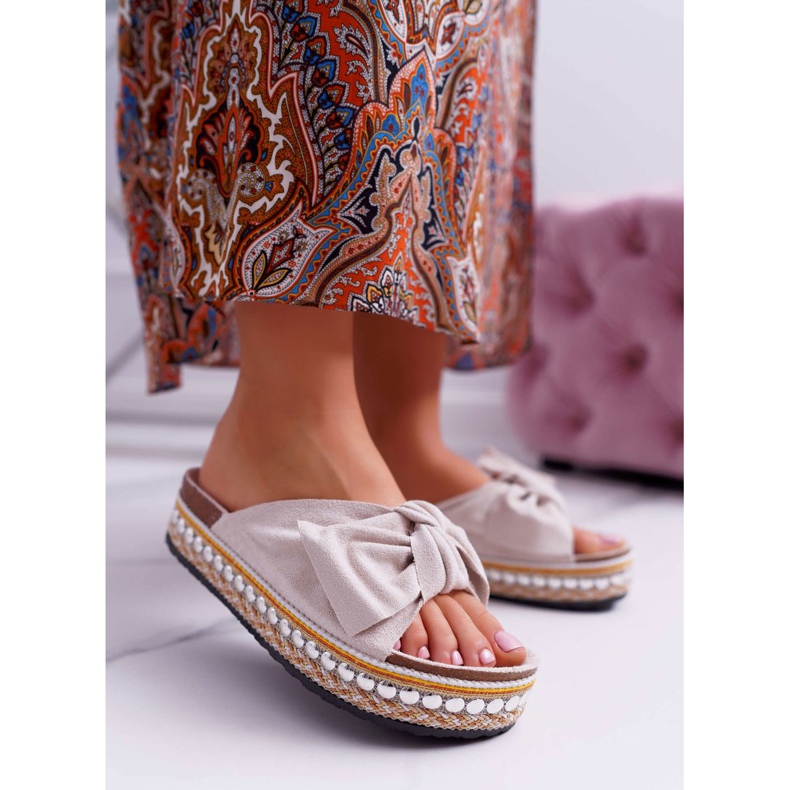 Damen Hausschuhe Dicke Sohle Mit Schleifen Beige Milady 1