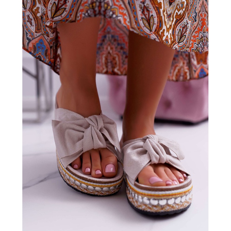 Damen Hausschuhe Dicke Sohle Mit Schleifen Beige Milady 2