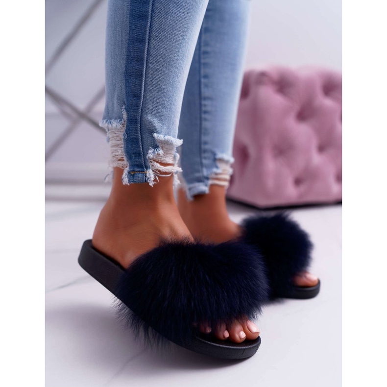 Damen Hausschuhe mit Naturfell Naturis Navy Blue marineblau 1