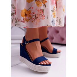 BUGO Damen Sandalen auf Keil-Leinen Marineblau Liviana 1