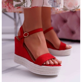 BUGO Sandalen für Damen auf Keilabsatz Leinen Rot Liviana 1