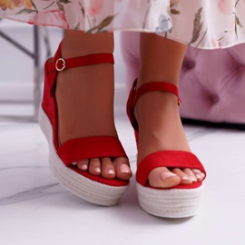 BUGO Sandalen für Damen auf Keilabsatz Leinen Rot Liviana 2