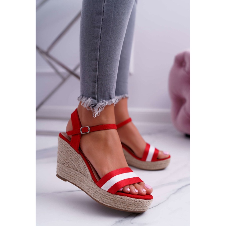 BUGO Damen Sandalen mit Keilabsatz Leinen Rot Renew 1