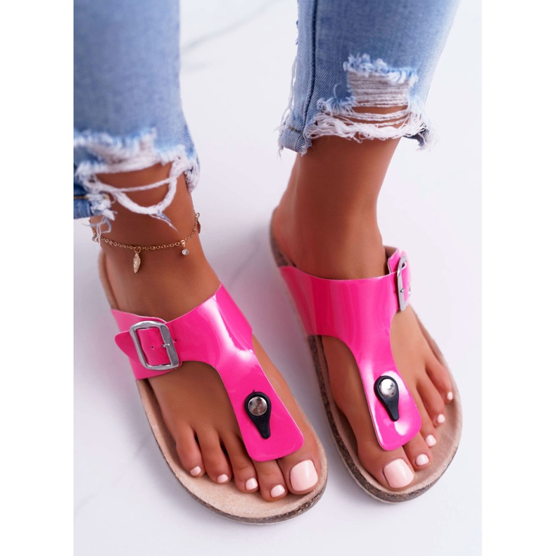 SEA Damen Hausschuhe Flip-Flops auf Korken Lackierte Fuchsia Palette rosa 2