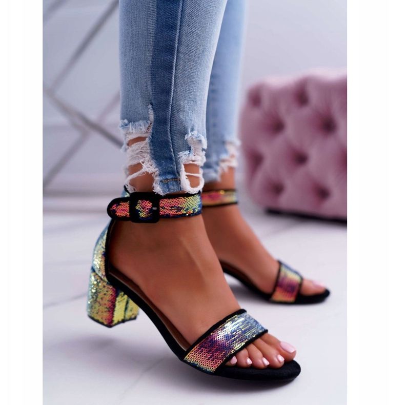 Damen Sandalen mit hohem Absatz Lu Boo Schillernde Pailletten Schwarz Tindal 2