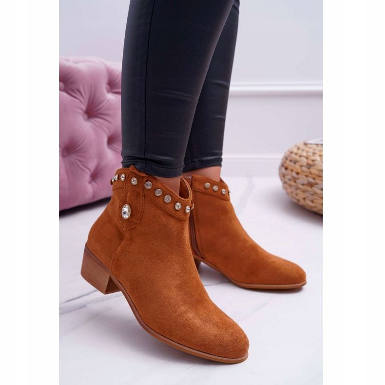 FP1 Damenstiefel mit flachem Absatz Cowboystiefel mit Cubic Zirkonia Camel Patti braun 1