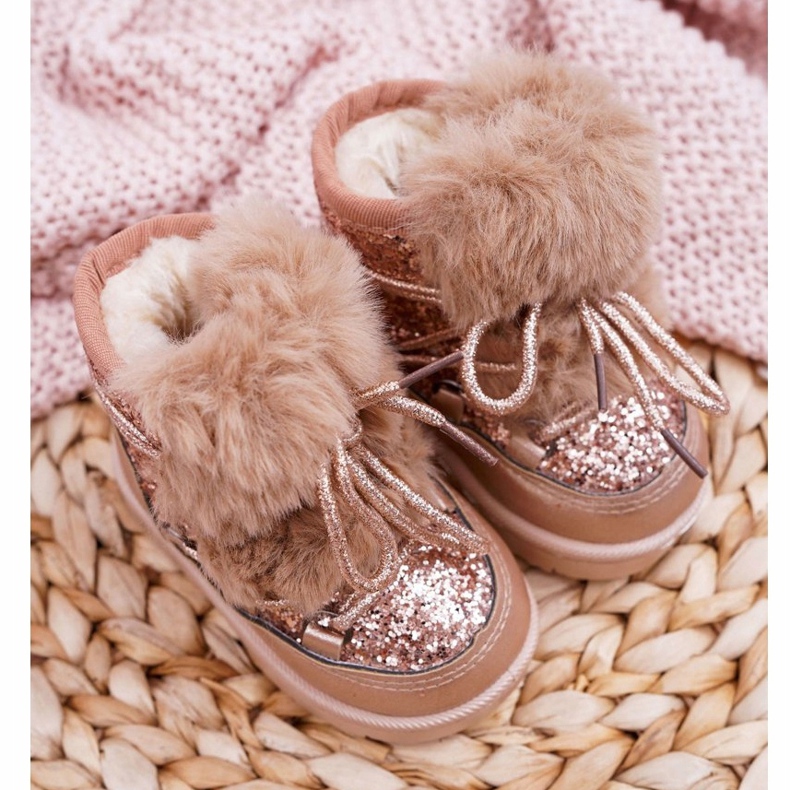 FRROCK Kinder Schneestiefel mit Fell Champagner Minnie Mouse rosa 2