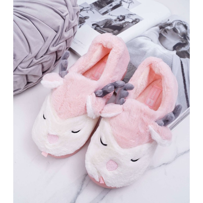 BUGO Damenhausschuhe mit Pelz, Rentier, Rentierrosen rosa 1