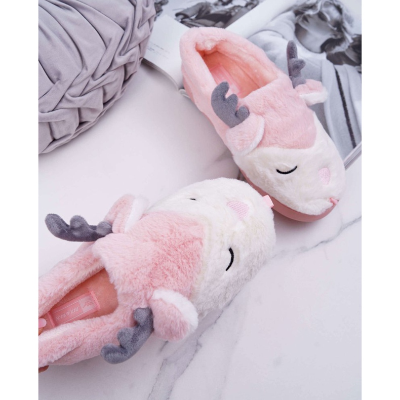 BUGO Damenhausschuhe mit Pelz, Rentier, Rentierrosen rosa 2