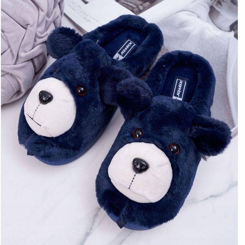 BUGO Damenhausschuhe mit Teddybärfell marineblau 1