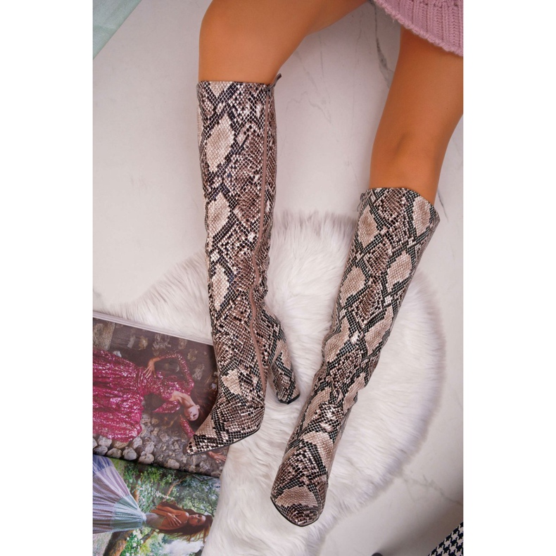 FRGIV Damenstiefel mit hohem Absatz Schlangenhaut Beige Brouny 1