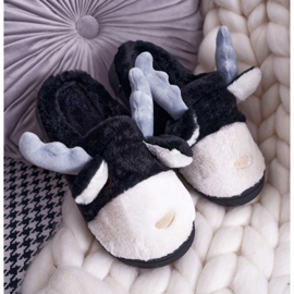 FRID Damen Hausschuhe mit Fell Schwarz Rentier Deff 1