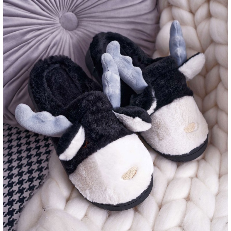 FRID Damen Hausschuhe mit Fell Schwarz Rentier Deff 1
