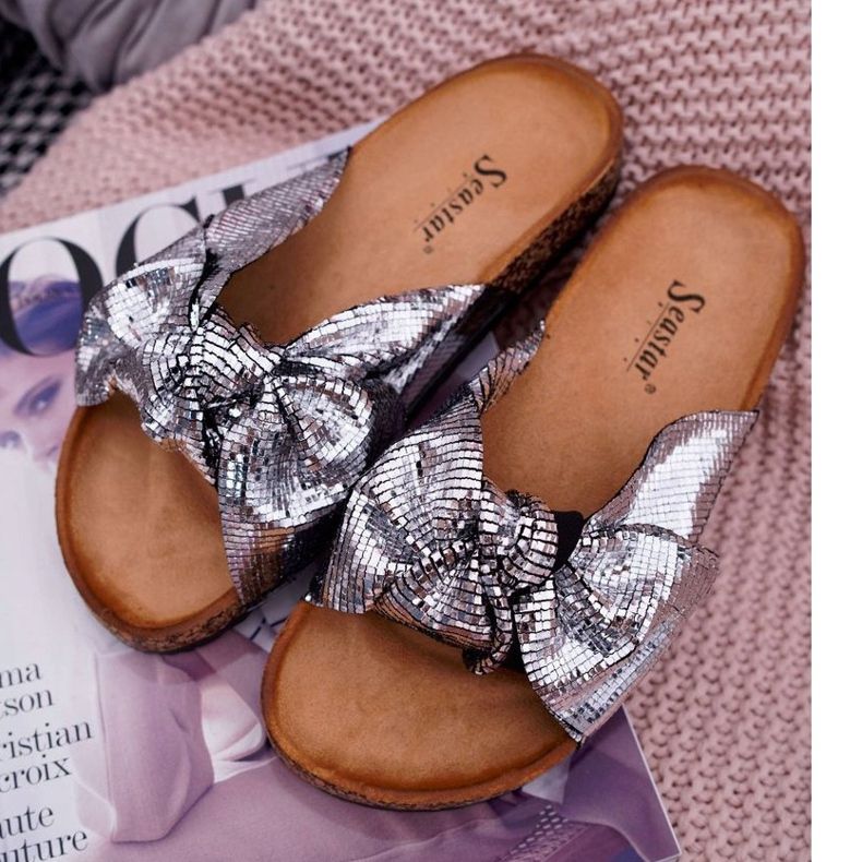 PS1 Damenhausschuhe mit silberner Metallic-Schleife grau 1