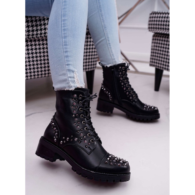 SEA Damenstiefel Arbeiter mit Strasssteinen Black Gether schwarz 1