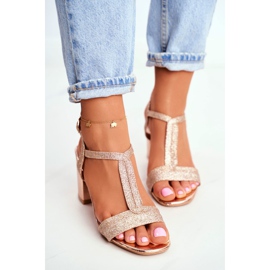 HAN Damen Sandalen mit Absatz Glitzer Champagner Perfecto rosa gelb 2