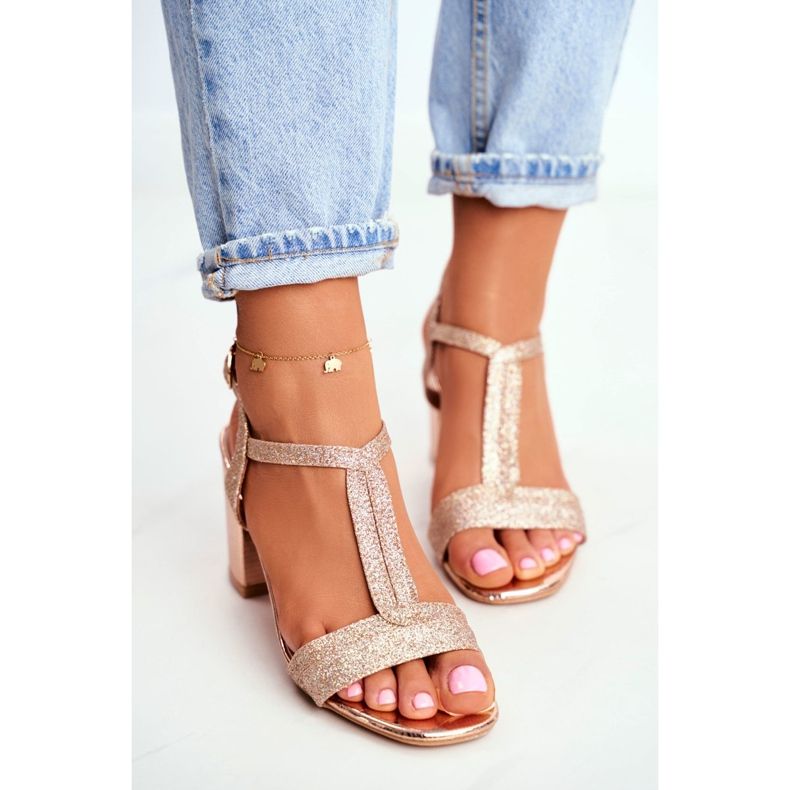 HAN Damen Sandalen mit Absatz Glitzer Champagner Perfecto rosa gelb 2