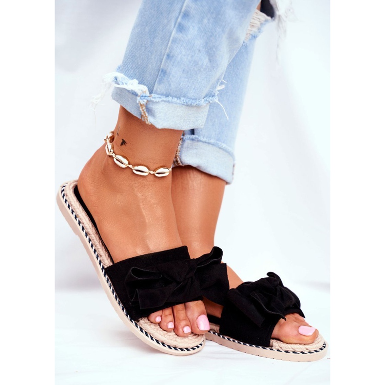 FRJ Schwarze Happiness Damen Hausschuhe mit Schleife 1