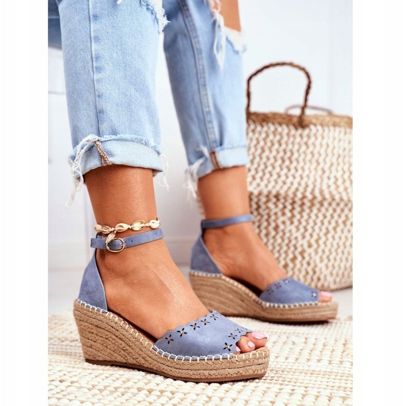 EVE Damen Sandalen mit Keilabsatz Espadrilles Blau Schütze 1