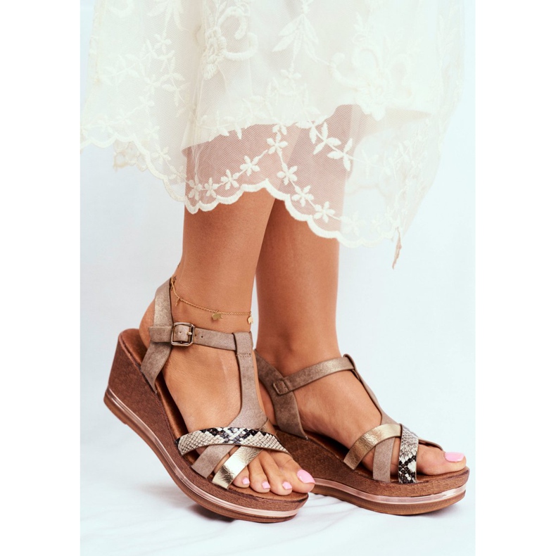 EVE Damen Sandalen mit Keilabsatz Beige Schlangenhaut Enroll 2