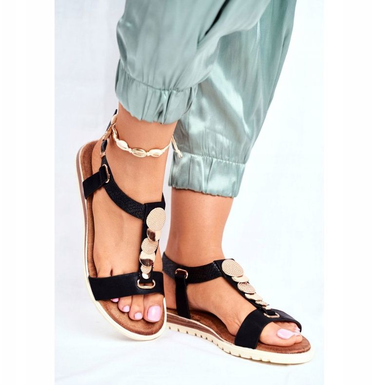 EVE Flache schwarze Damensandalen mit Milton-Verzierungen 2