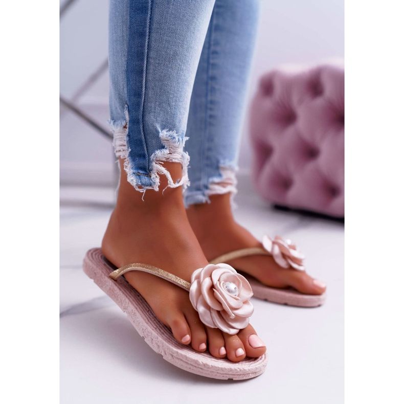 Damen Hausschuhe Flip-Flops Beige Blume Glitzer Elenda 1