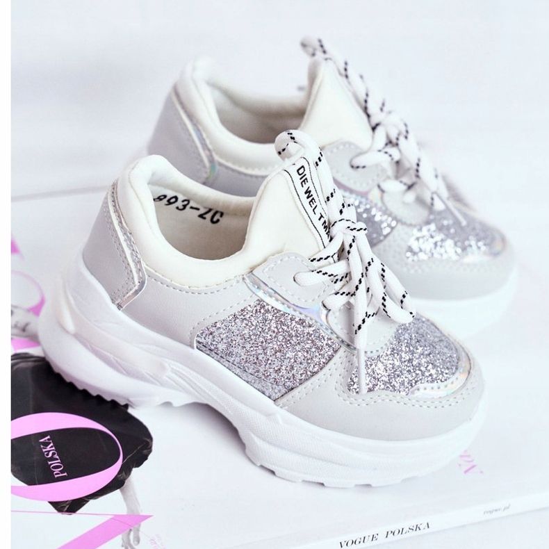 FRROCK Kinder Sportschuhe mit Brokat Silber Matylda weiß grau 1