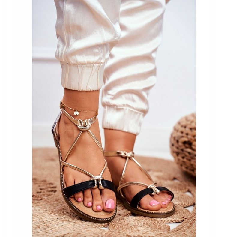 S.Barski Damen Sandalen Flach Schwarz und Gold Barski Samim gelb 1