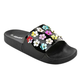 Schwarze Hausschuhe mit Blumen D7659-1 1