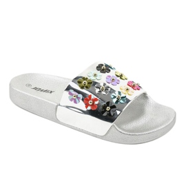 Silberne Hausschuhe mit Blumen D7659-3 grau 1