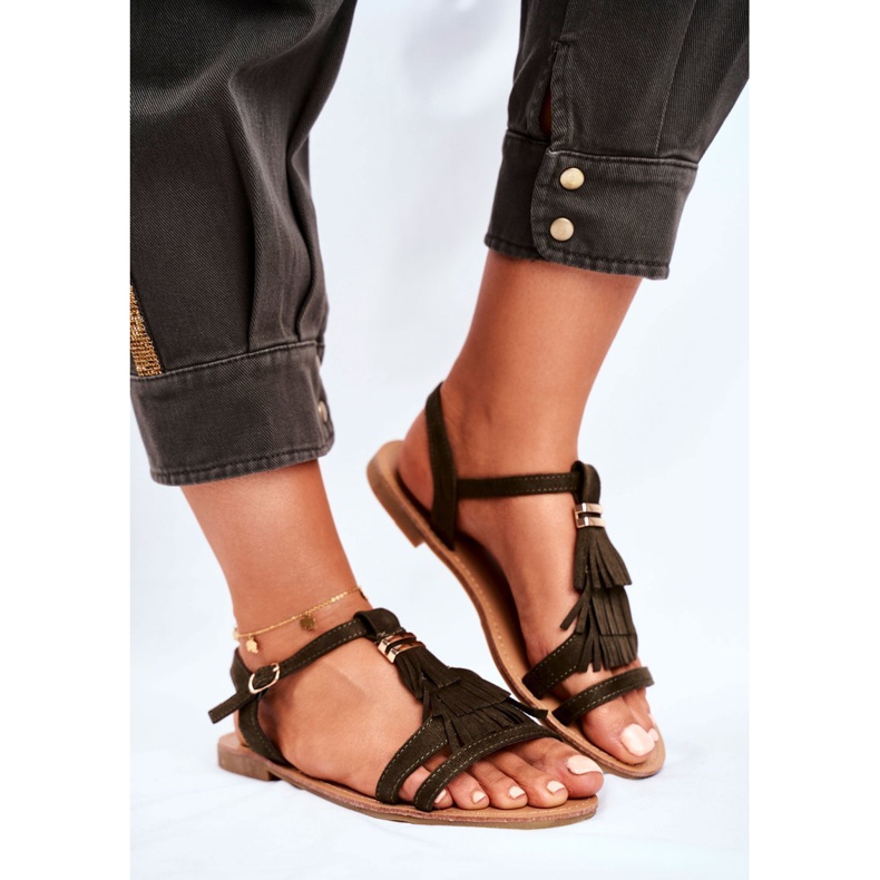 FJ1 Damen Sandalen Flaches Wildleder Boho Olive Lucami mehrfarbig grün 1