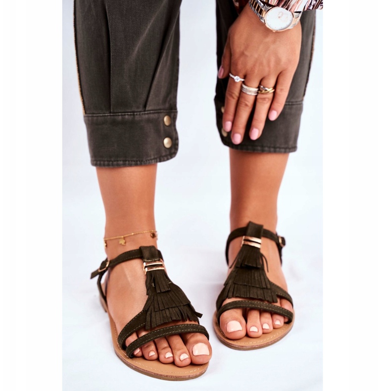 FJ1 Damen Sandalen Flaches Wildleder Boho Olive Lucami mehrfarbig grün 2