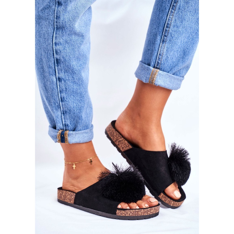 MSMG Schwarze Hausschuhe für Damen aus Kork mit Bommel Galaxo 1