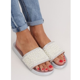 Silberne Pantoffeln mit Perlen BG63 Silber grau 1