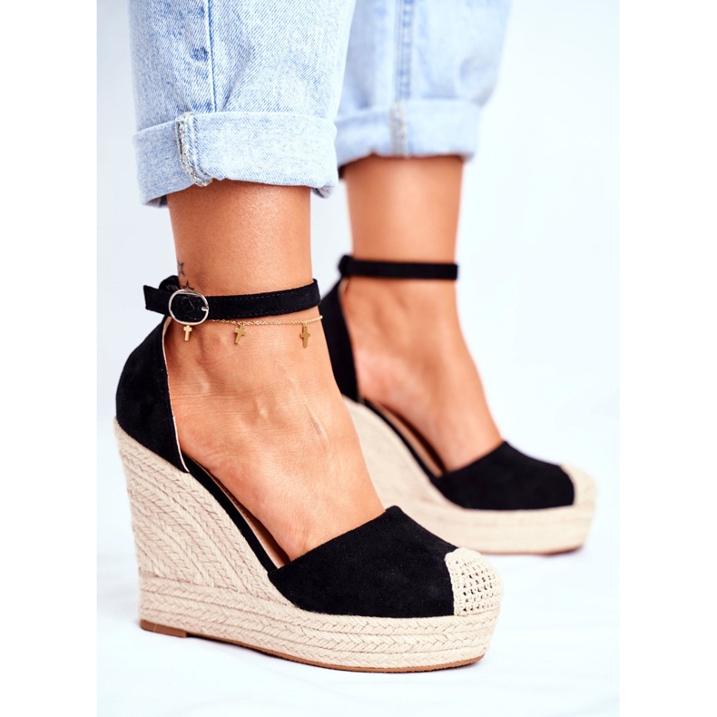 MSMG Damensandalen auf einem Keil-Leinen-Schwarz-Avocado 2