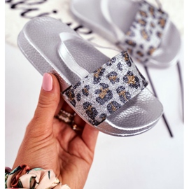 FRROCK Kinder Hausschuhe für Mädchen Brokat Leopard Silber Rimia grau 2