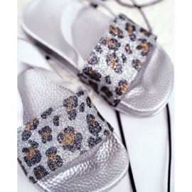 FRROCK Kinder Hausschuhe für Mädchen Brokat Leopard Silber Rimia grau 1