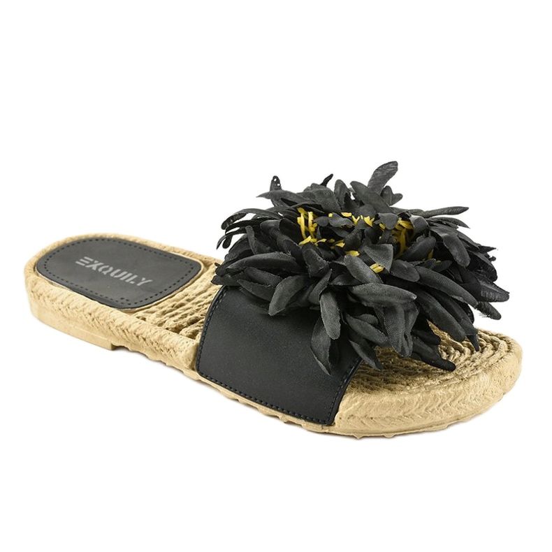 Schwarze Flip-Flops mit Blumen Espadrilles CD-1831 1