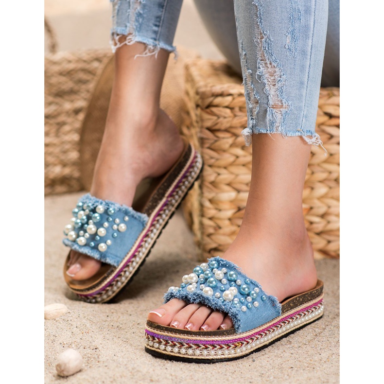 Small Swan Hausschuhe auf der Plattform mit Perlen blau 2