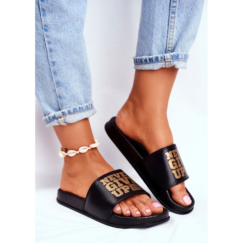 ADY Damen Hausschuhe Never Give Up Gold Schwarz gelb 1