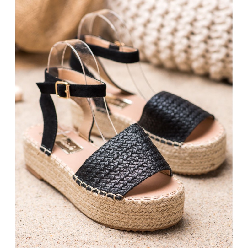 Weide Espadrilles-Sandalen auf der Plattform schwarz 1